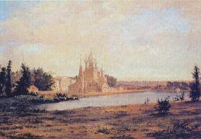 Раев. Вид пруда, церкви и дворца Шереметевых в Останкино при утреннем освещении